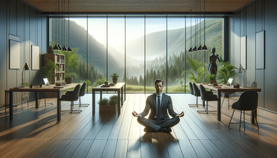 DALL·E 2024-01-08 22.14.40 - A serene office environment with a large window overlooking a tranquil nature scene. In the foreground, a CEO is practicing mindfulness, sitting in a