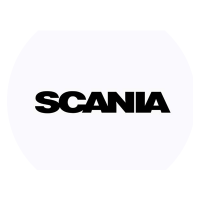 Schriftzug schwarz Scania in einem weißen Kreis